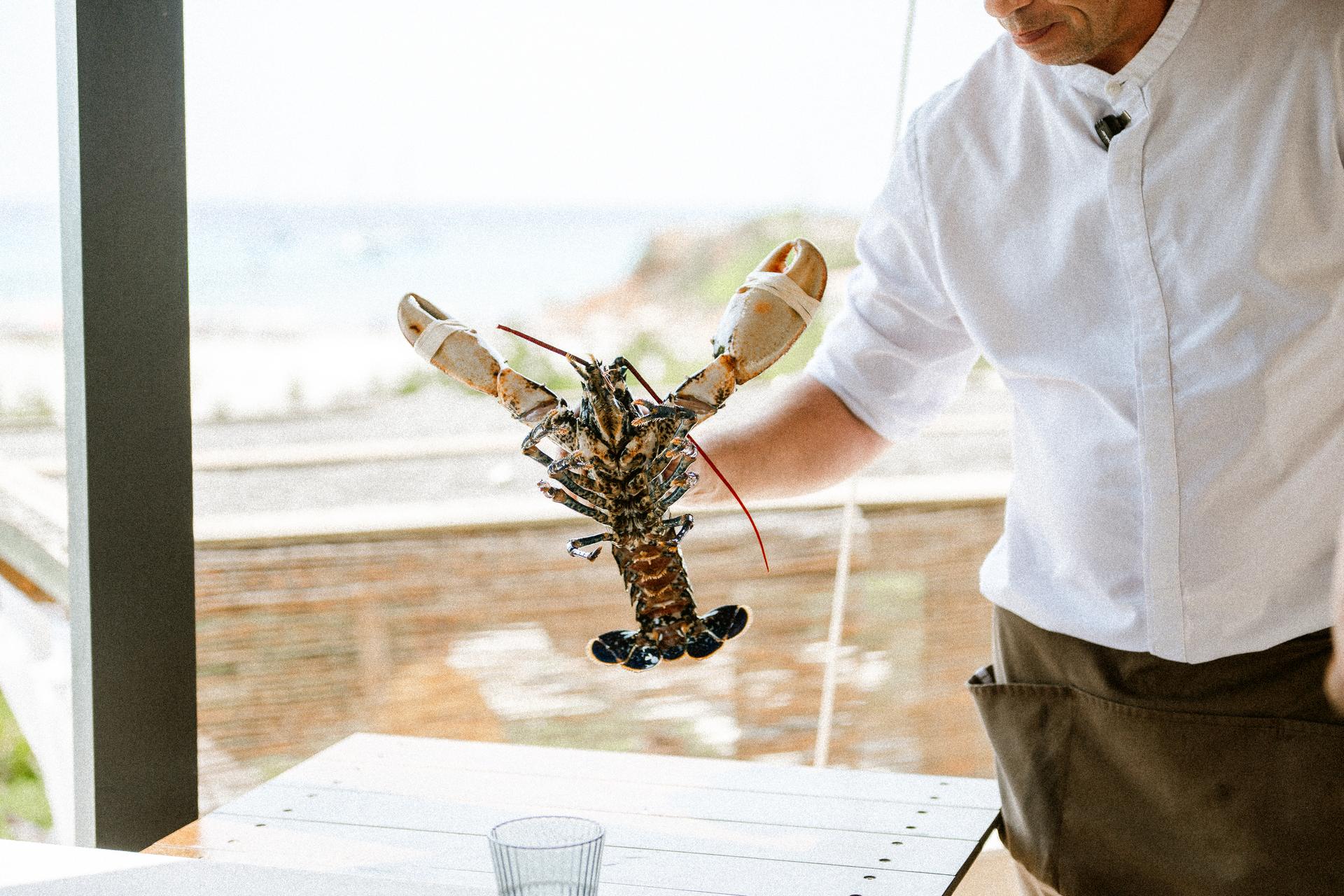 Un cocinero sostiene una langosta viva junto a la ventana, con el mar de Cala Saona detrás